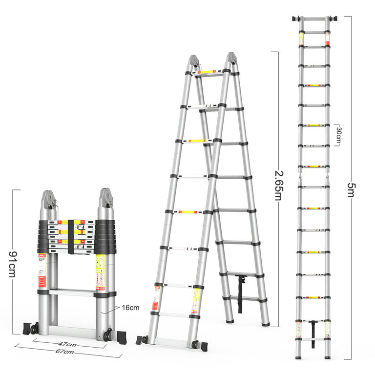 4.4M/5.6M Aluminum Telescoping Extension Ladder A-Frame Folding with Support Bar